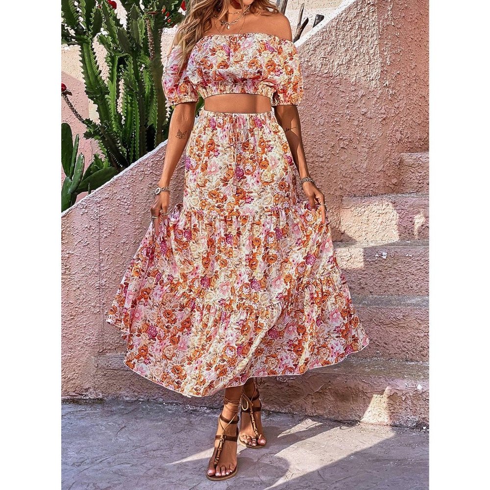 2 piece set Floral Off Shoulder Puff Sleeve Crop Top & Ruffle Hem maxi Skirt set - Picture 5 of 6